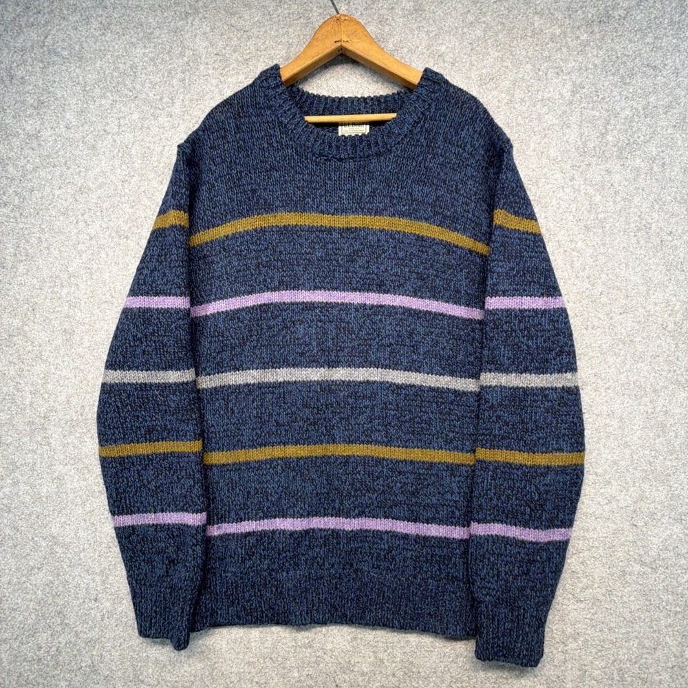 LL Bean 100% Lambs Wool Knit Striped Sweater Mens XL Chunky Heavy Preppy